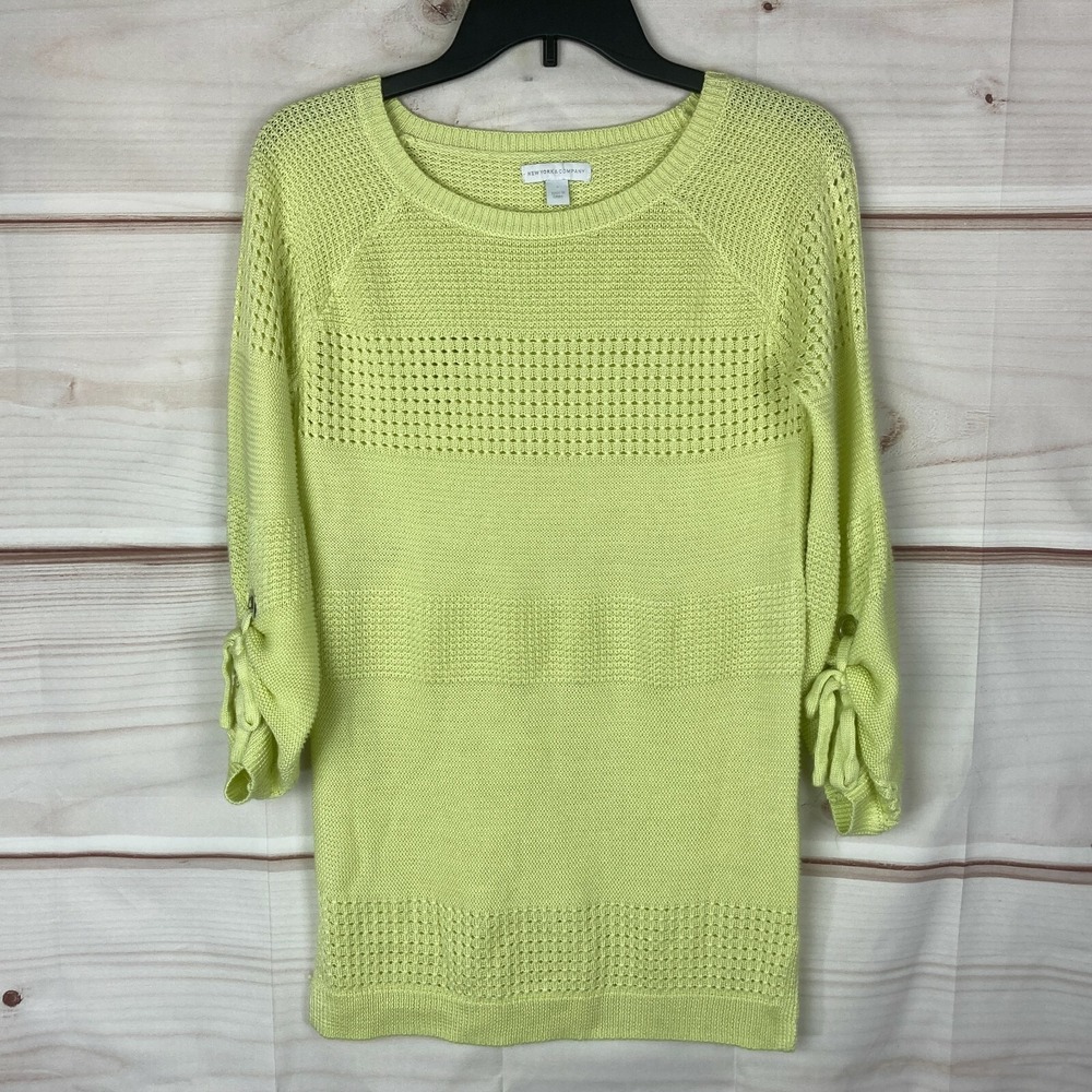 New York & Co Sweater Womens S Yellow Open Knit Tie Sleeve Pullover Lightweight
